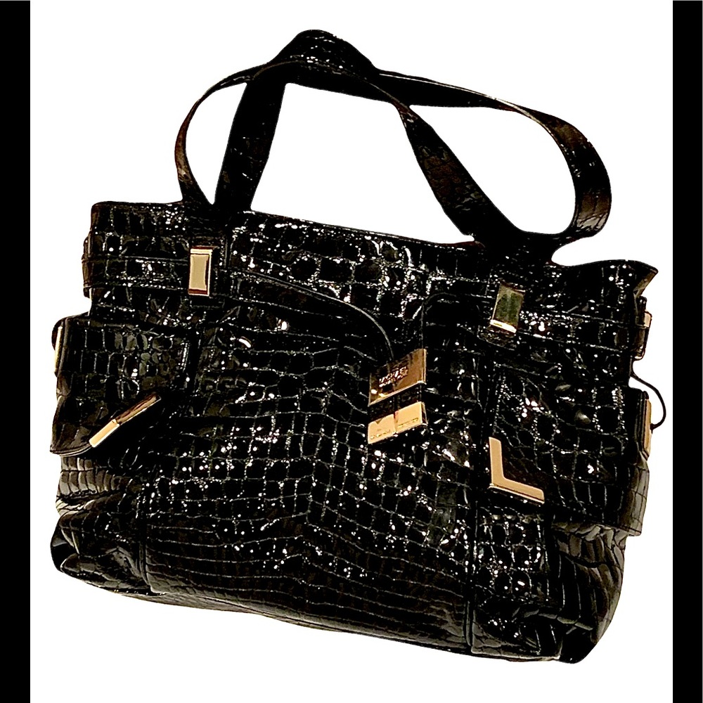 Michael Kors Black Patent Leather Embossed Croc Shoulder Bag